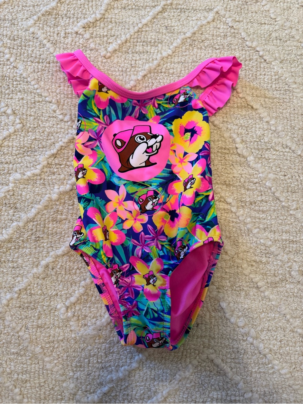 Buc-ee’s One-Piece Swimsuit w/Ruffle Trim and Character Print size 12-18 months